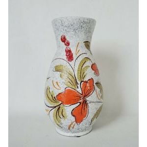 Vintage Mid Century Art Pottery Vase Italy White Orange Floral Lava Glaze MCM